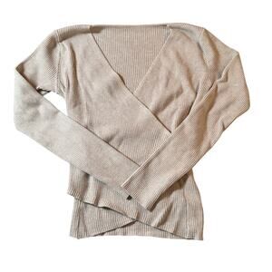 Shein Ribbed Wrap Sweater Womens L Beige V Neck Knit Top